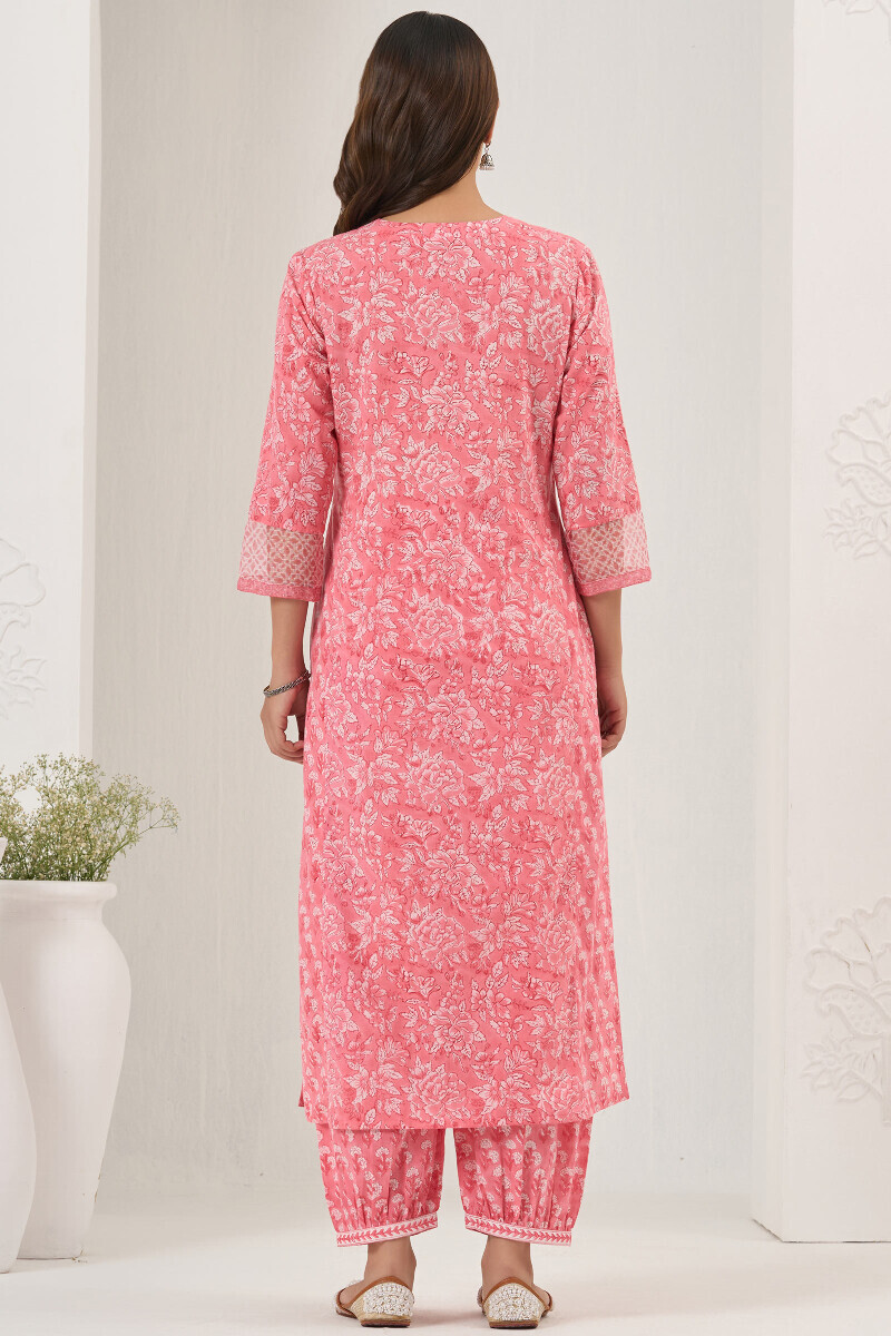 Pink Hand Block-Printed Straight Cotton Kurta