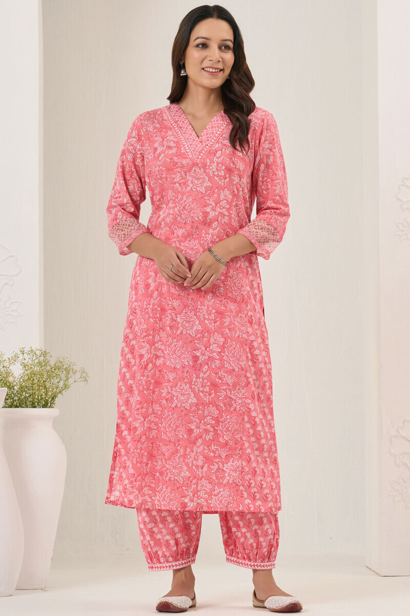 Pink Hand Block-Printed Straight Cotton Kurta