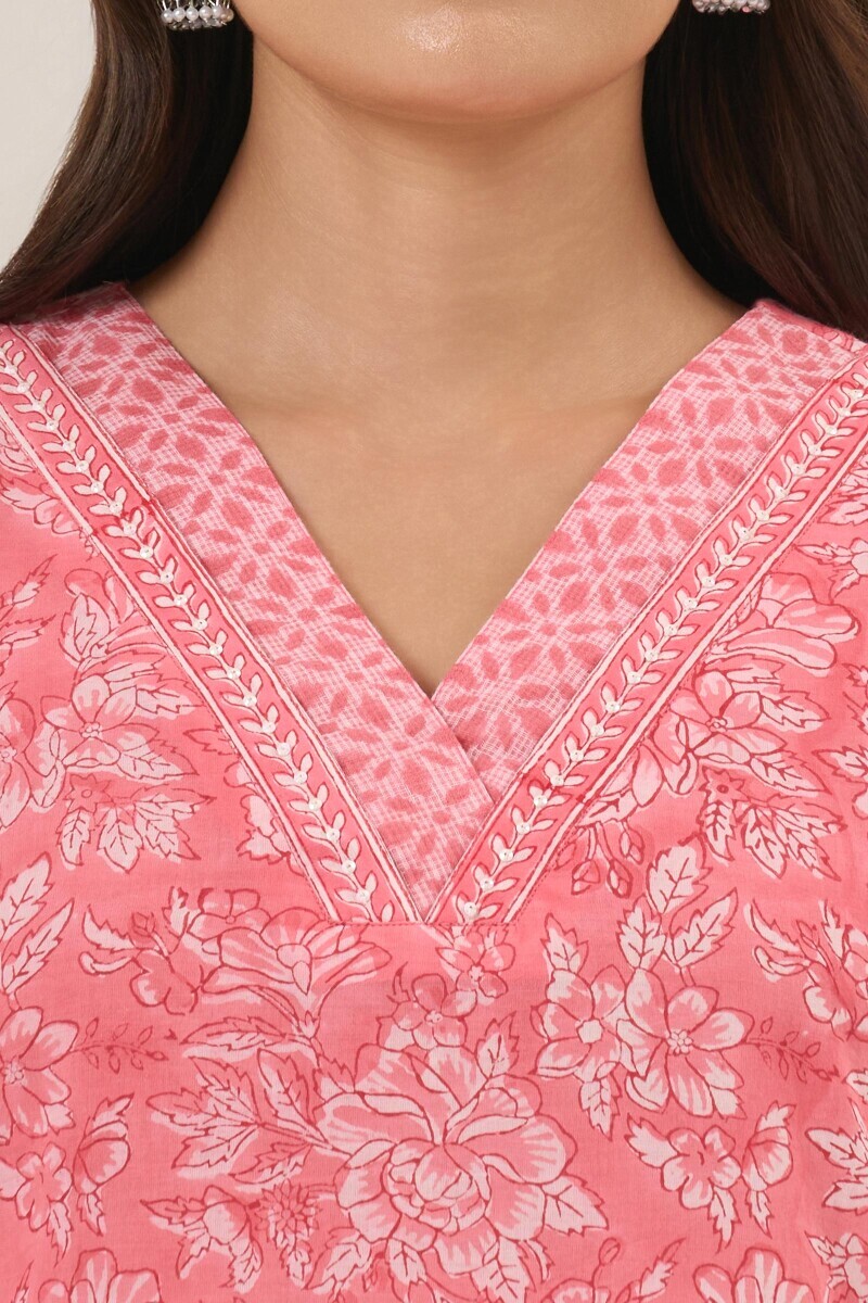 Pink Hand Block-Printed Straight Cotton Kurta