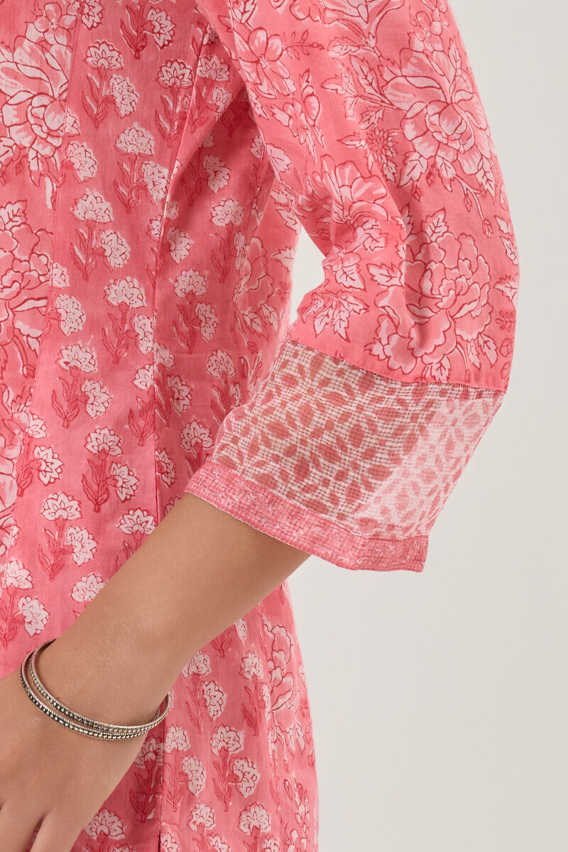 Pink Hand Block-Printed Straight Cotton Kurta
