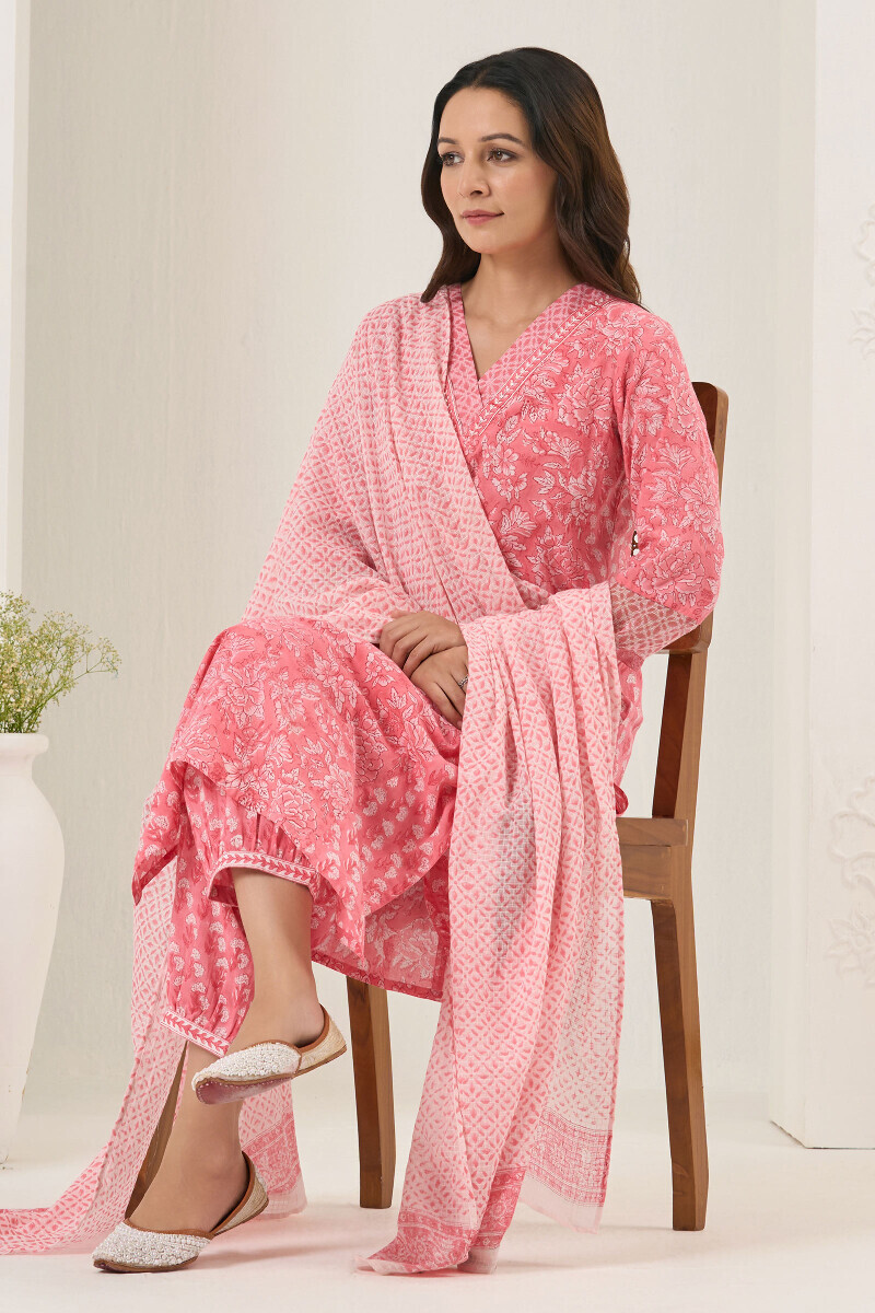 Pink Hand Block-Printed Straight Cotton Kurta