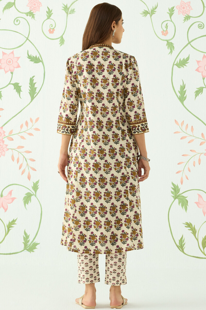 Cream Hand Printed Angrakha Cotton Kurta
