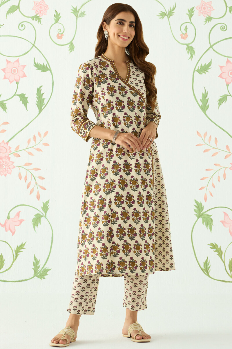 Cream Hand Printed Angrakha Cotton Kurta