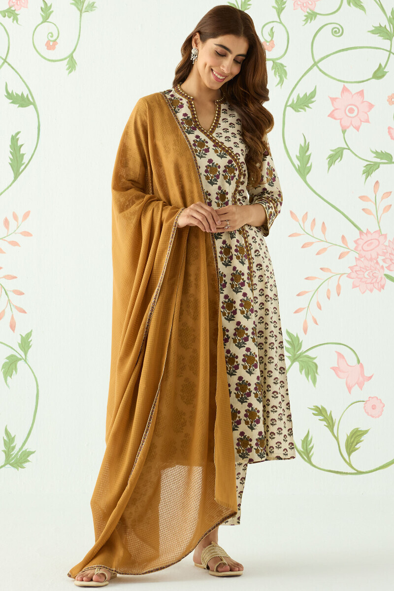 Cream Hand Printed Angrakha Cotton Kurta