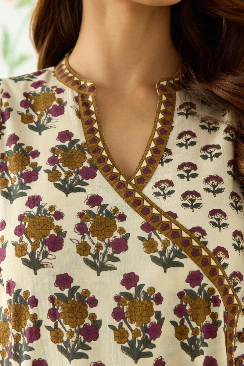 Cream Hand Printed Angrakha Cotton Kurta