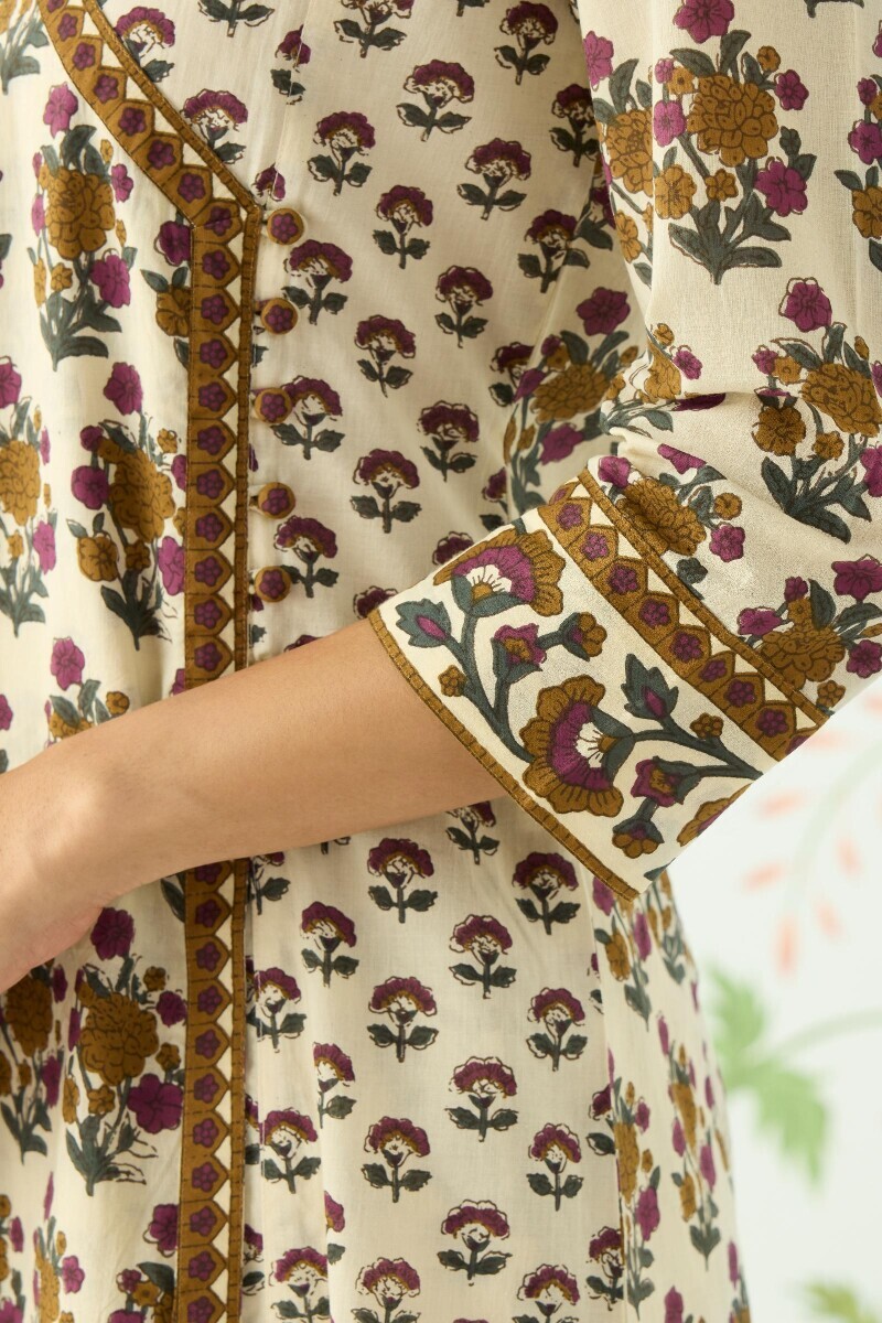 Cream Hand Printed Angrakha Cotton Kurta