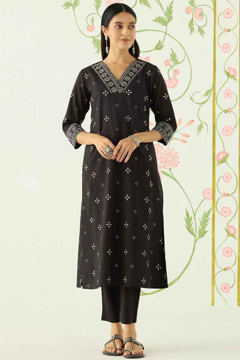 Black Hand Printed Straight Cotton Kurta