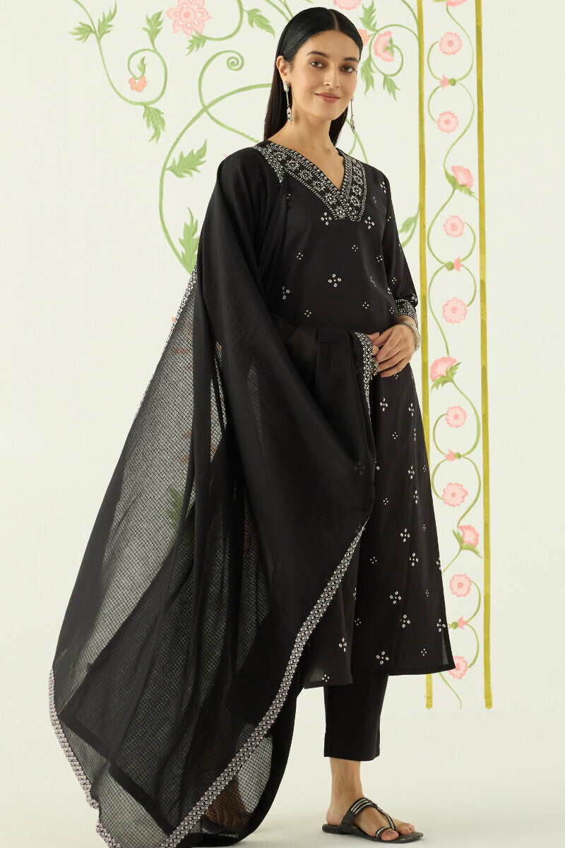 Black Hand Printed Straight Cotton Kurta