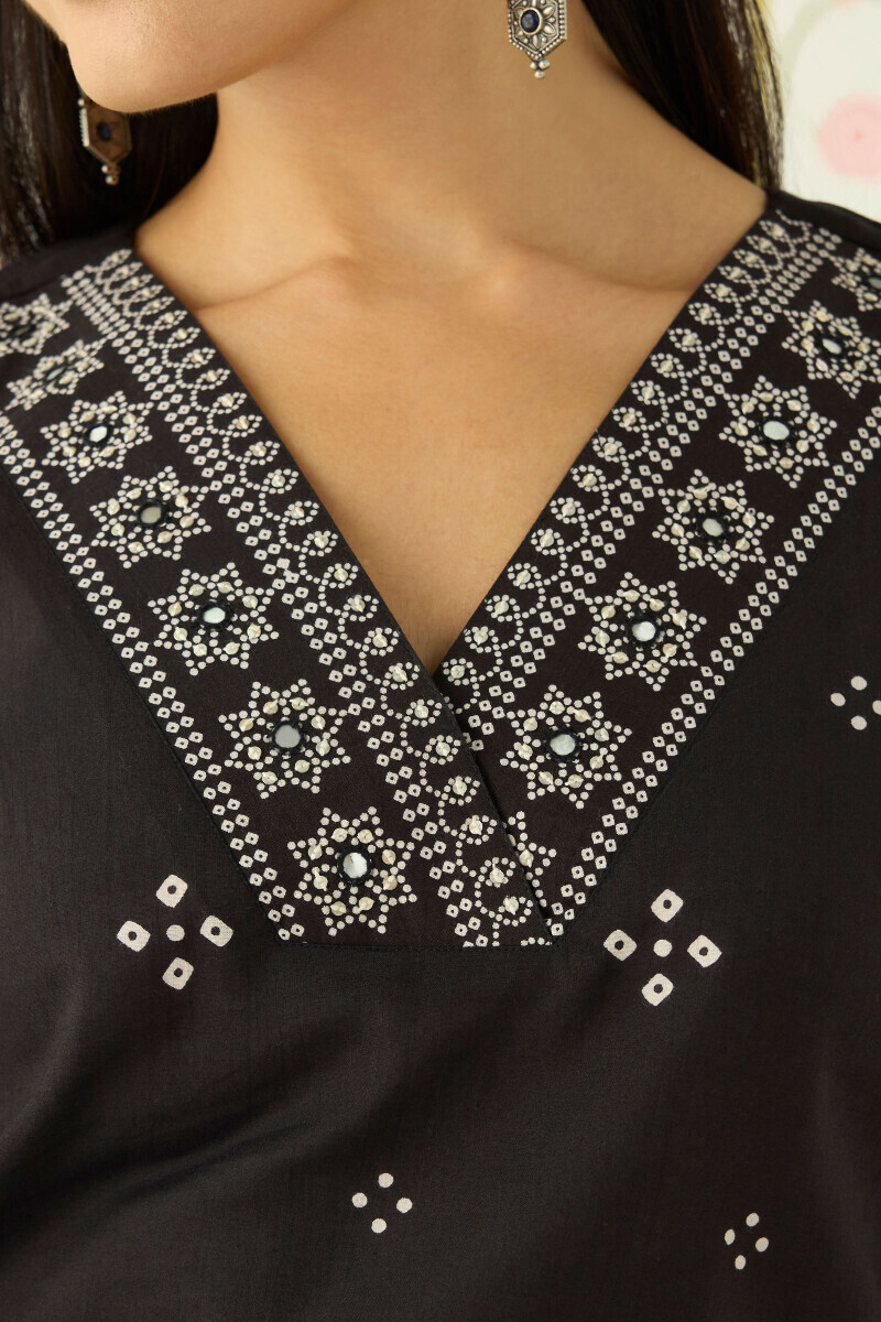 Black Hand Printed Straight Cotton Kurta