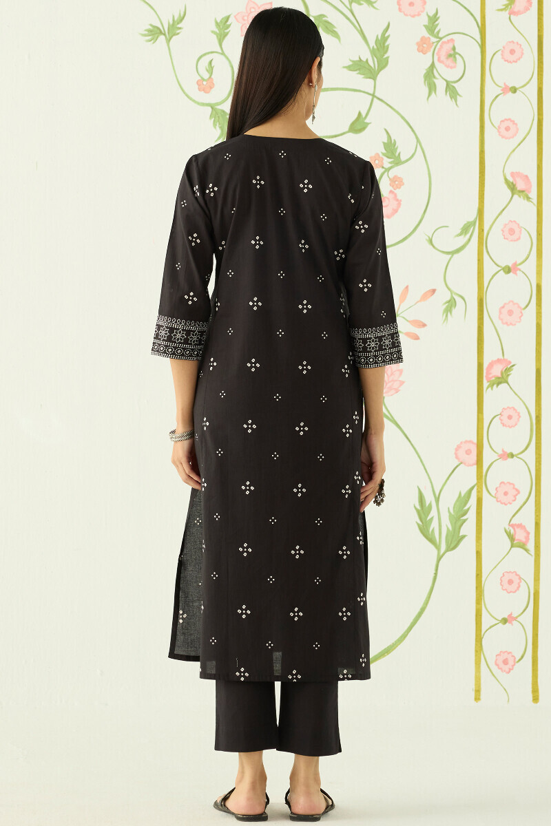 Black Hand Printed Straight Cotton Kurta
