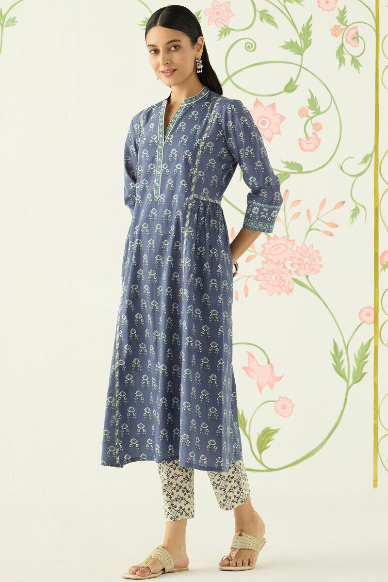 Blue Hand Printed A-Line Cotton Kurta