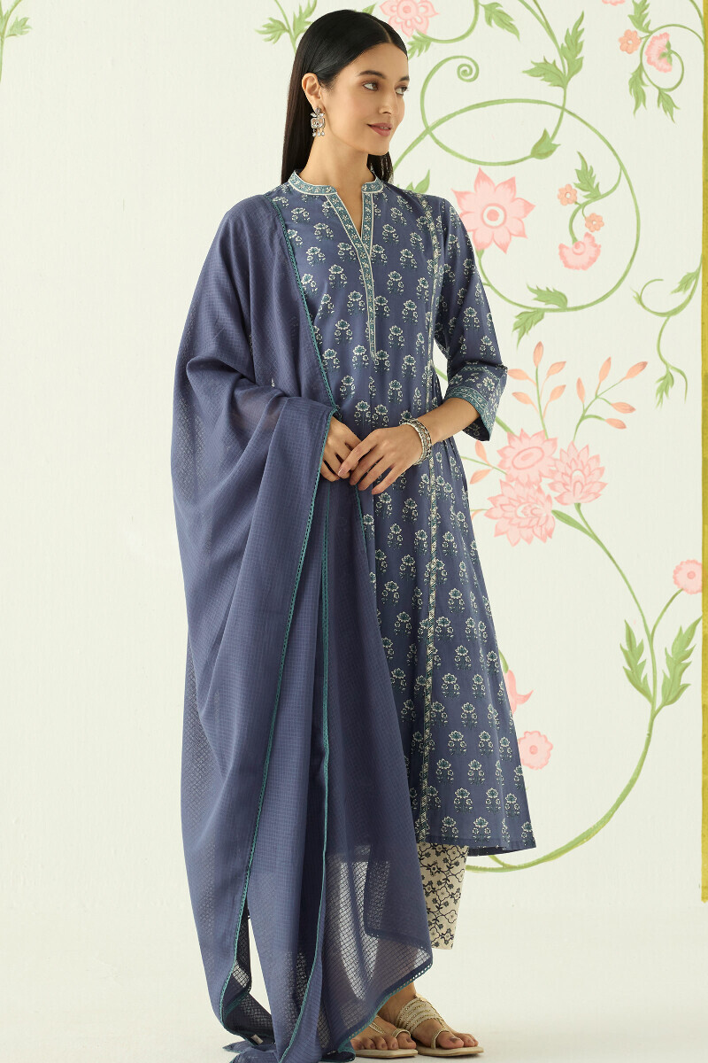 Blue Hand Printed A-Line Cotton Kurta