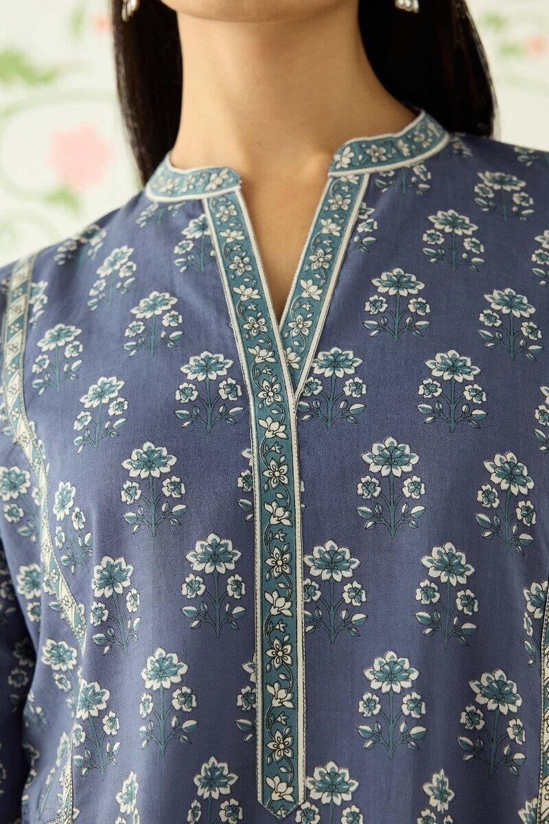 Blue Hand Printed A-Line Cotton Kurta
