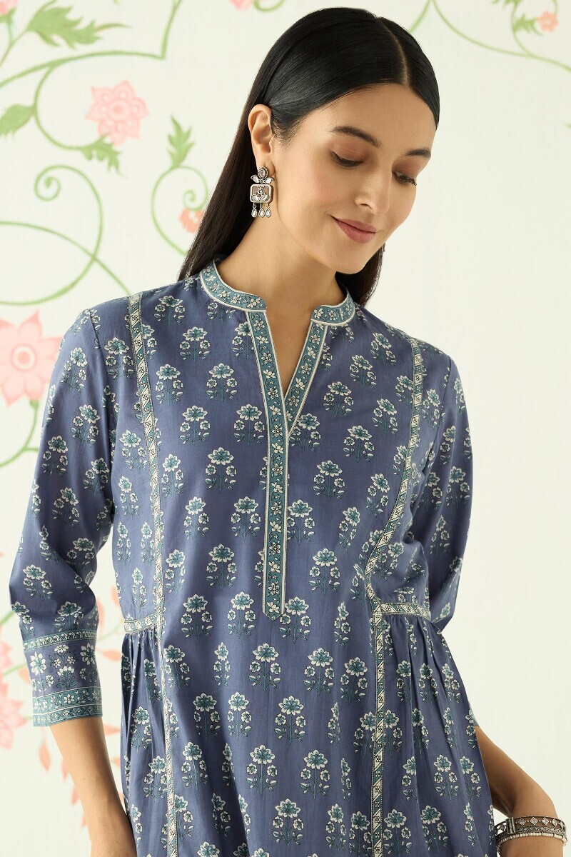 Blue Hand Printed A-Line Cotton Kurta