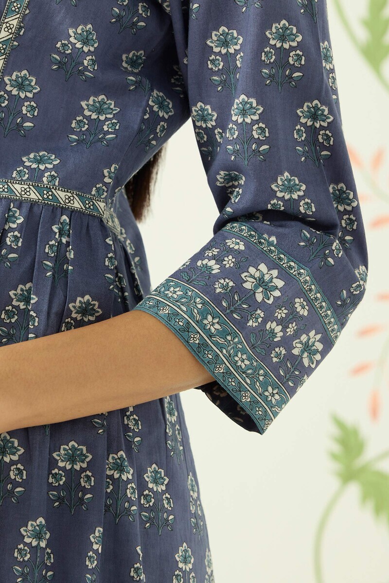 Blue Hand Printed A-Line Cotton Kurta