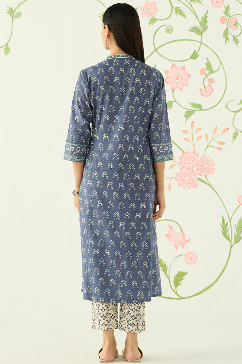 Blue Hand Printed A-Line Cotton Kurta