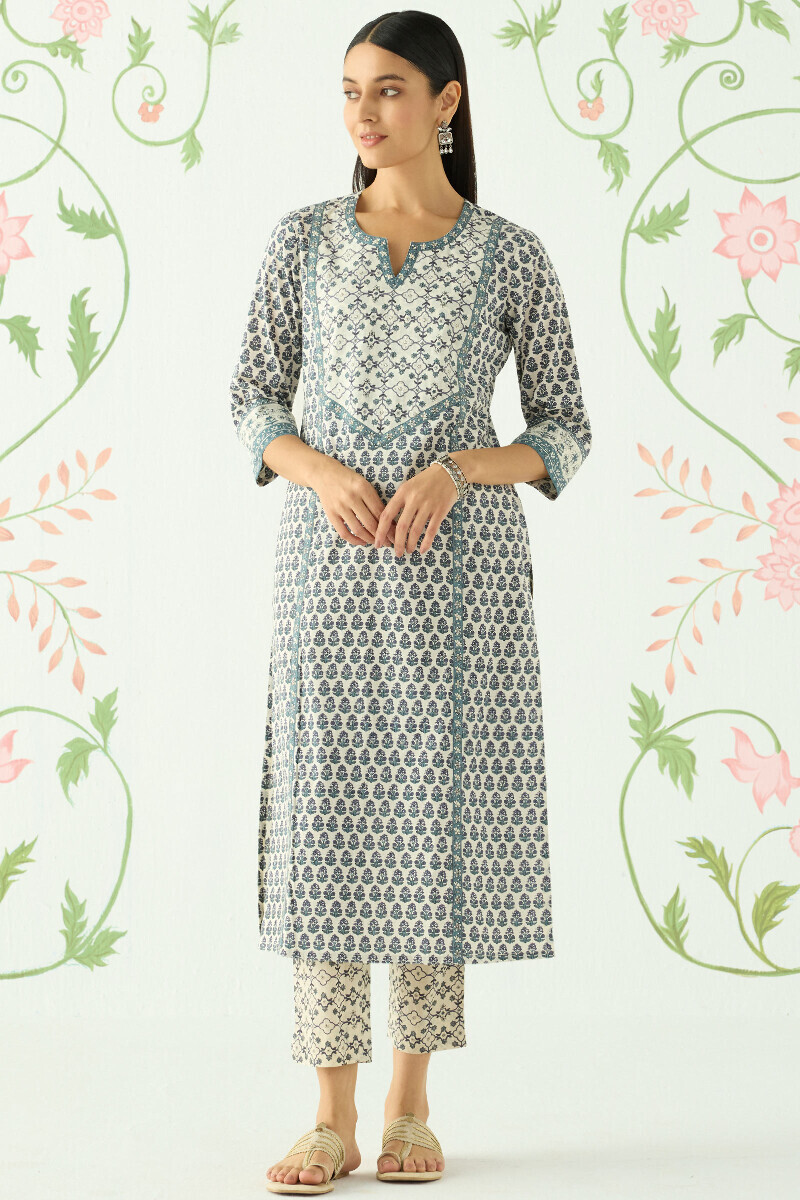 Off-White Hand Printed Straight Cotton Kurta