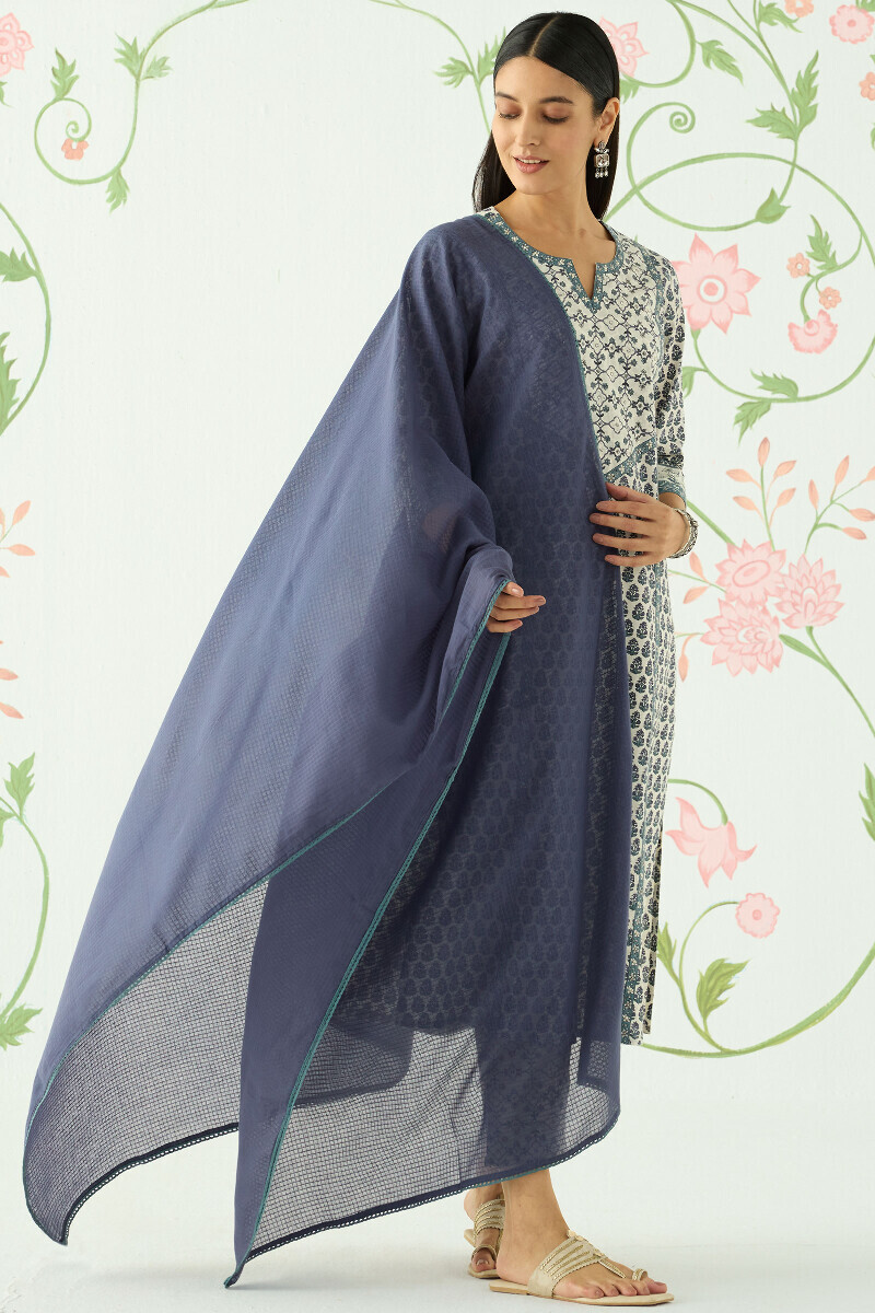 Off-White Hand Printed Straight Cotton Kurta