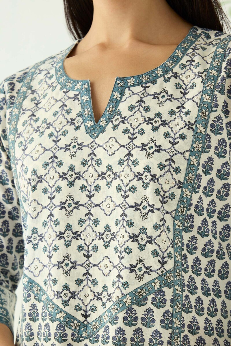 Off-White Hand Printed Straight Cotton Kurta