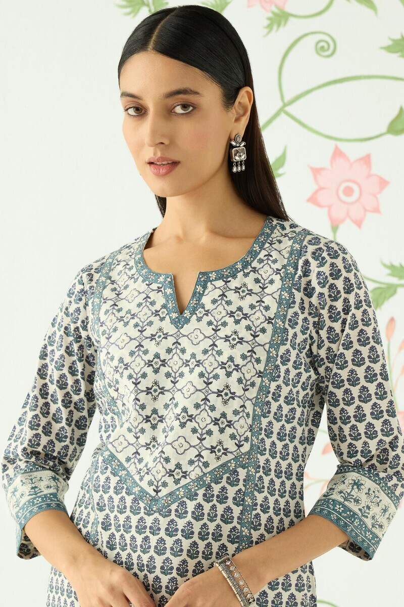 Off-White Hand Printed Straight Cotton Kurta