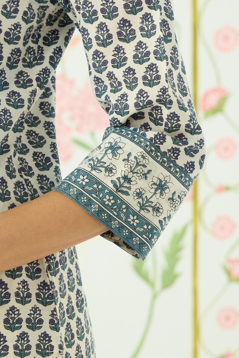 Off-White Hand Printed Straight Cotton Kurta