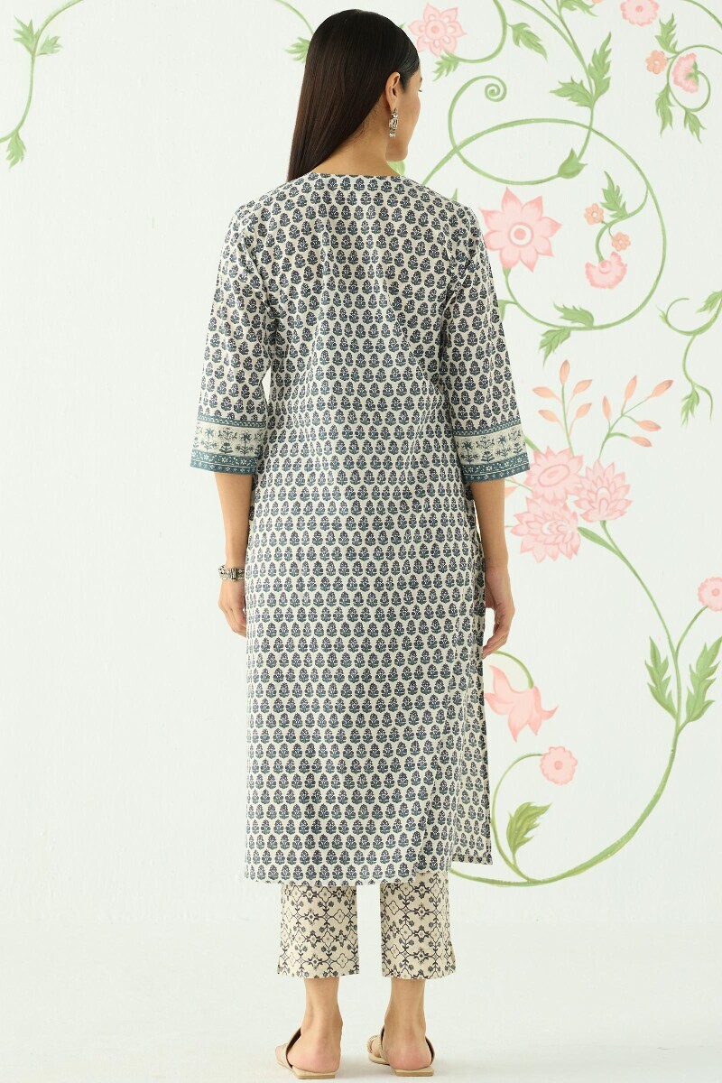 Off-White Hand Printed Straight Cotton Kurta