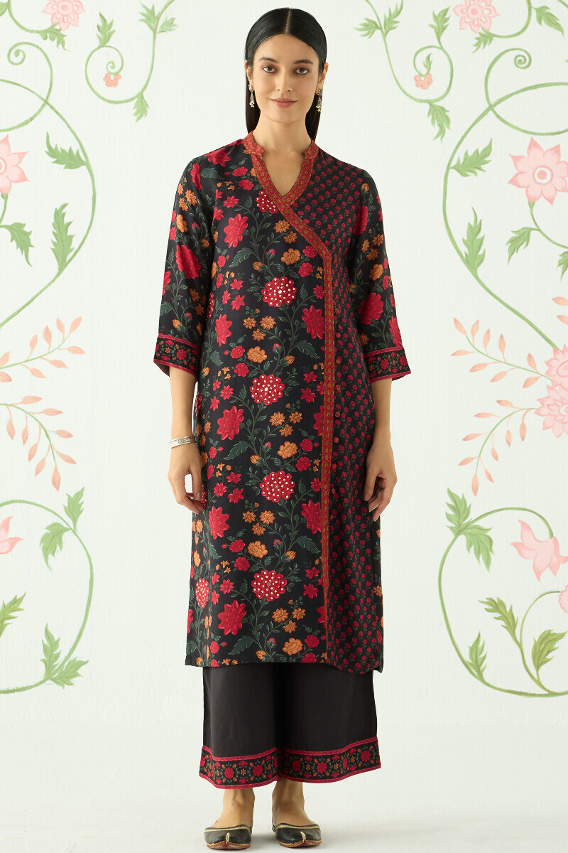 Black Printed Angrakha Viscose Kurta