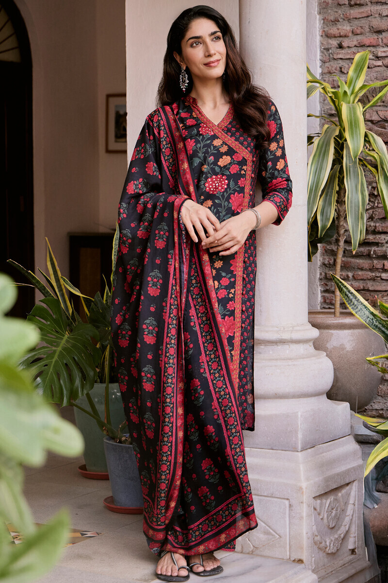 Black Printed Angrakha Viscose Kurta