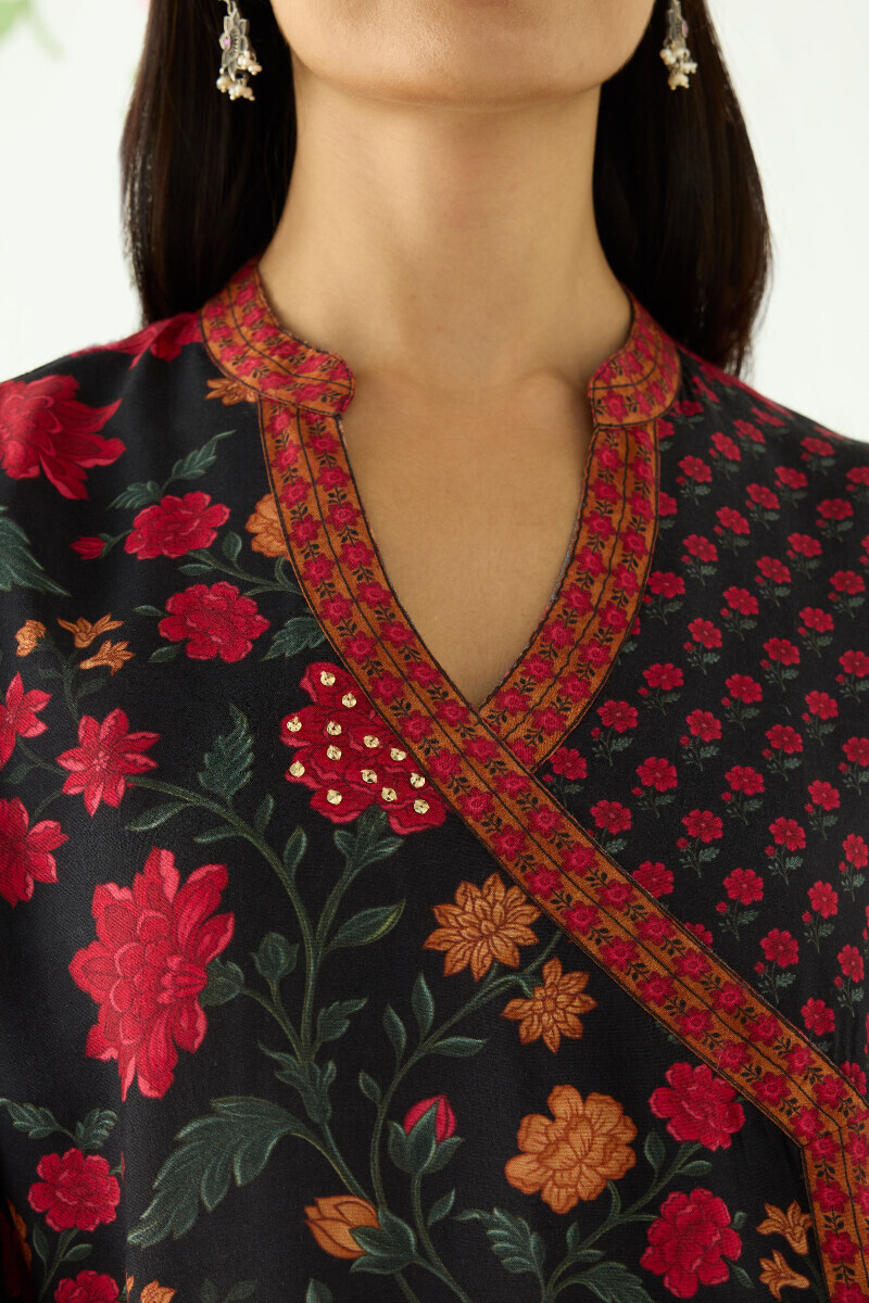Black Printed Angrakha Viscose Kurta