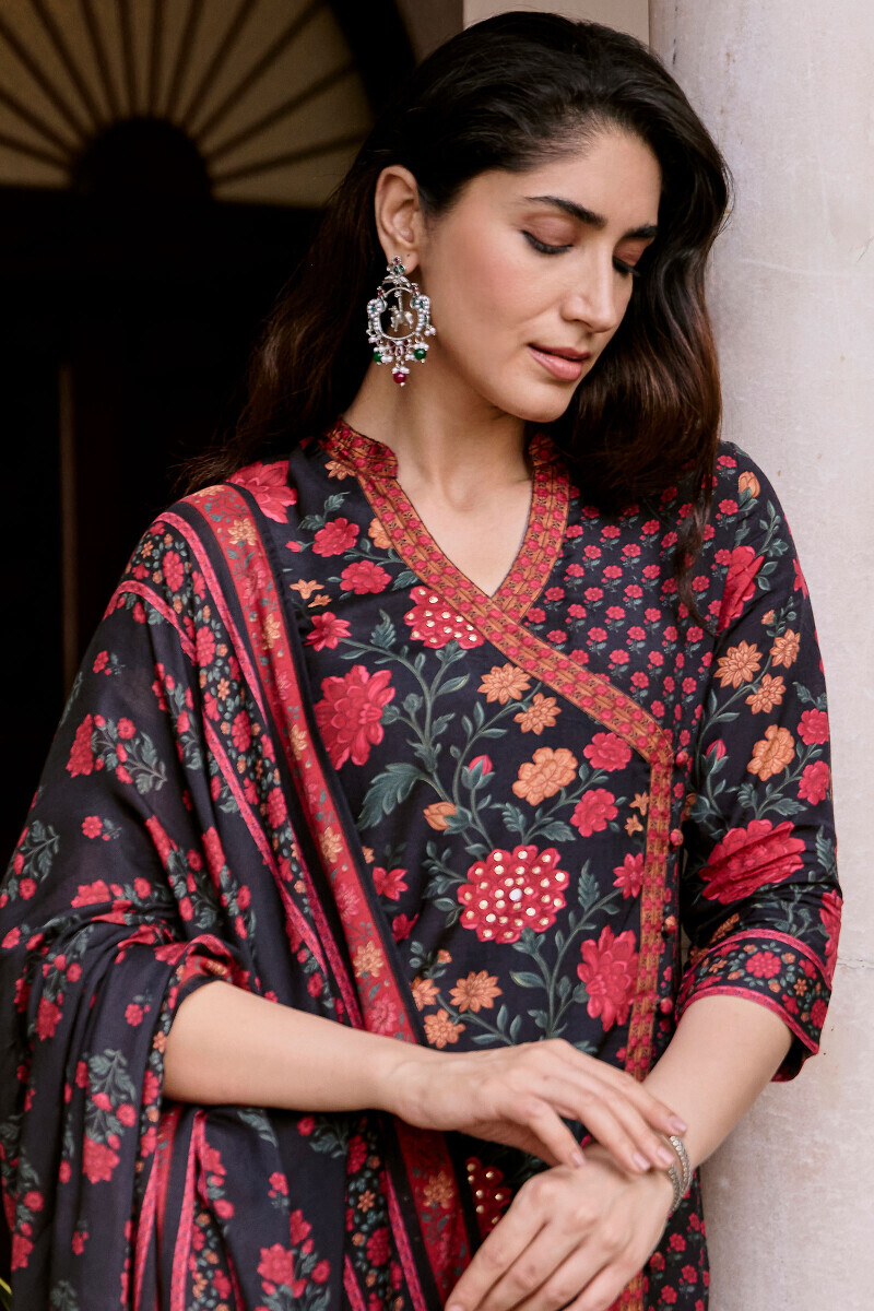 Black Printed Angrakha Viscose Kurta
