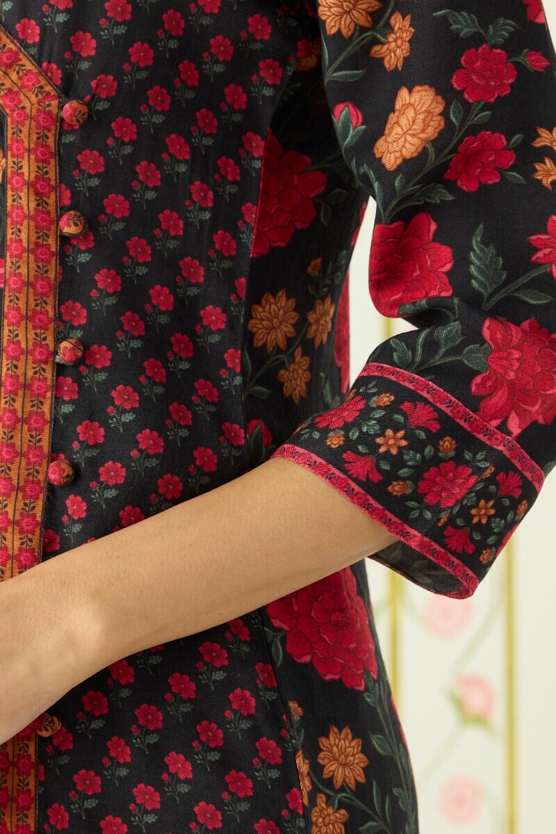 Black Printed Angrakha Viscose Kurta