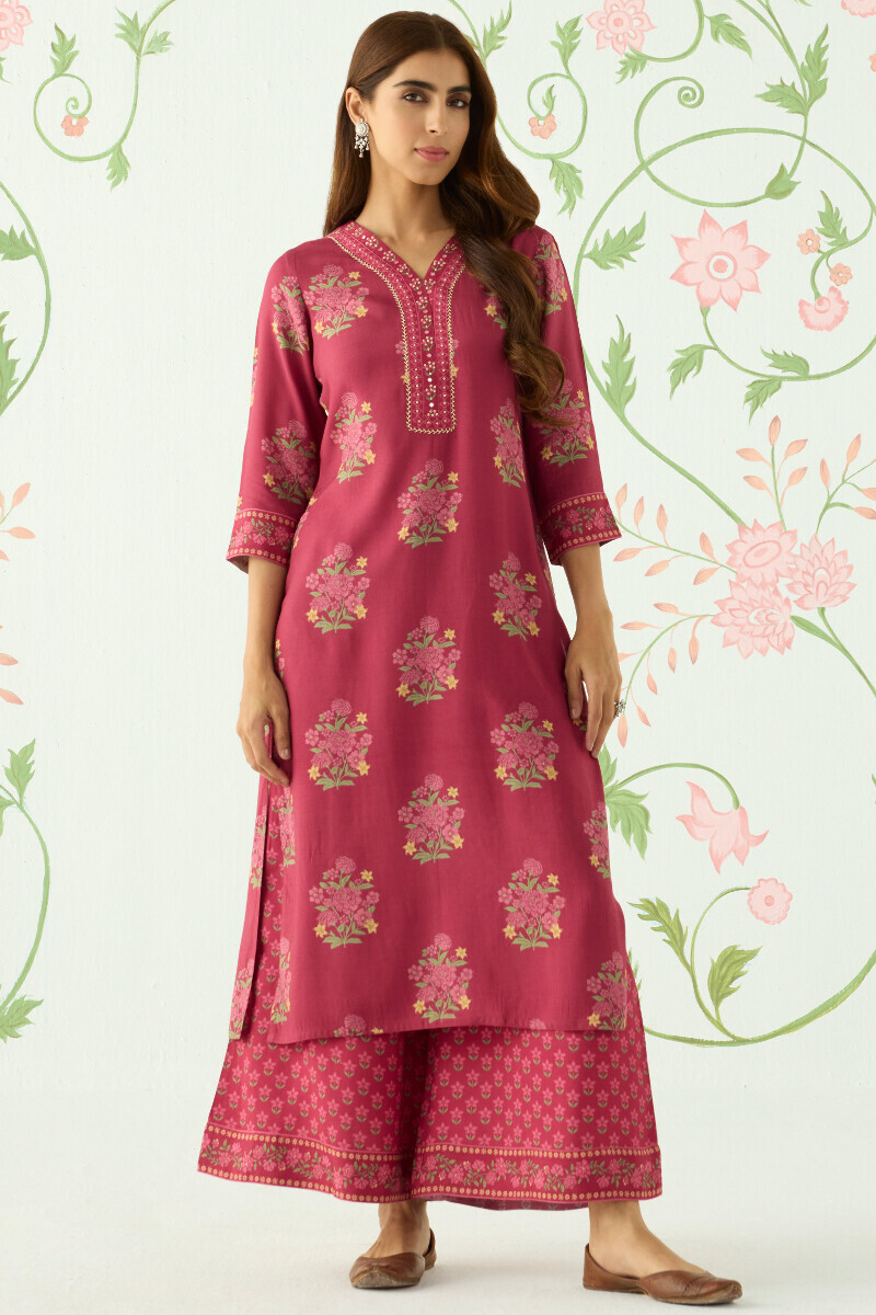 Pink Printed Straight Viscose Kurta