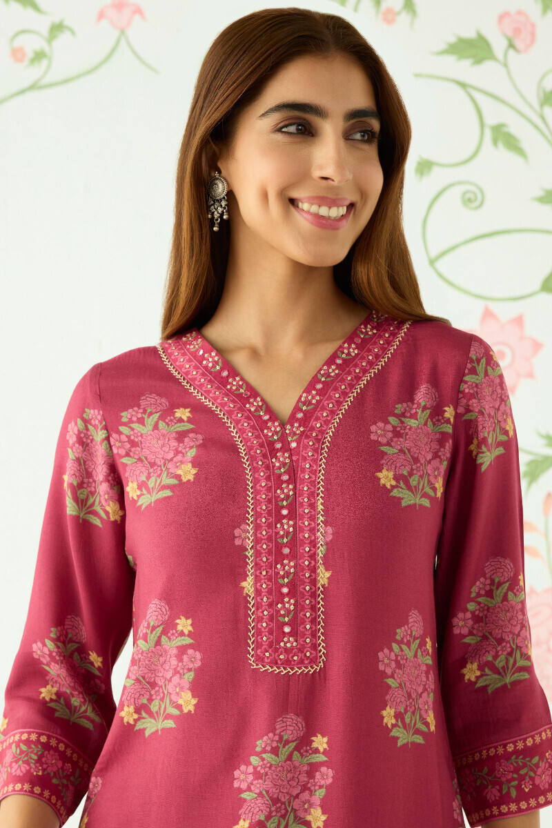 Pink Printed Straight Viscose Kurta