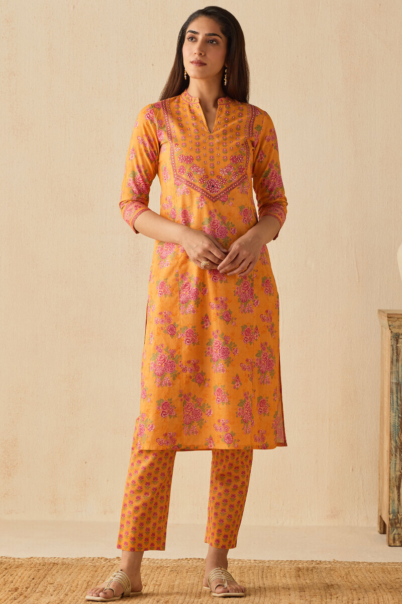 Mustard Printed Straight Cotton Kurta