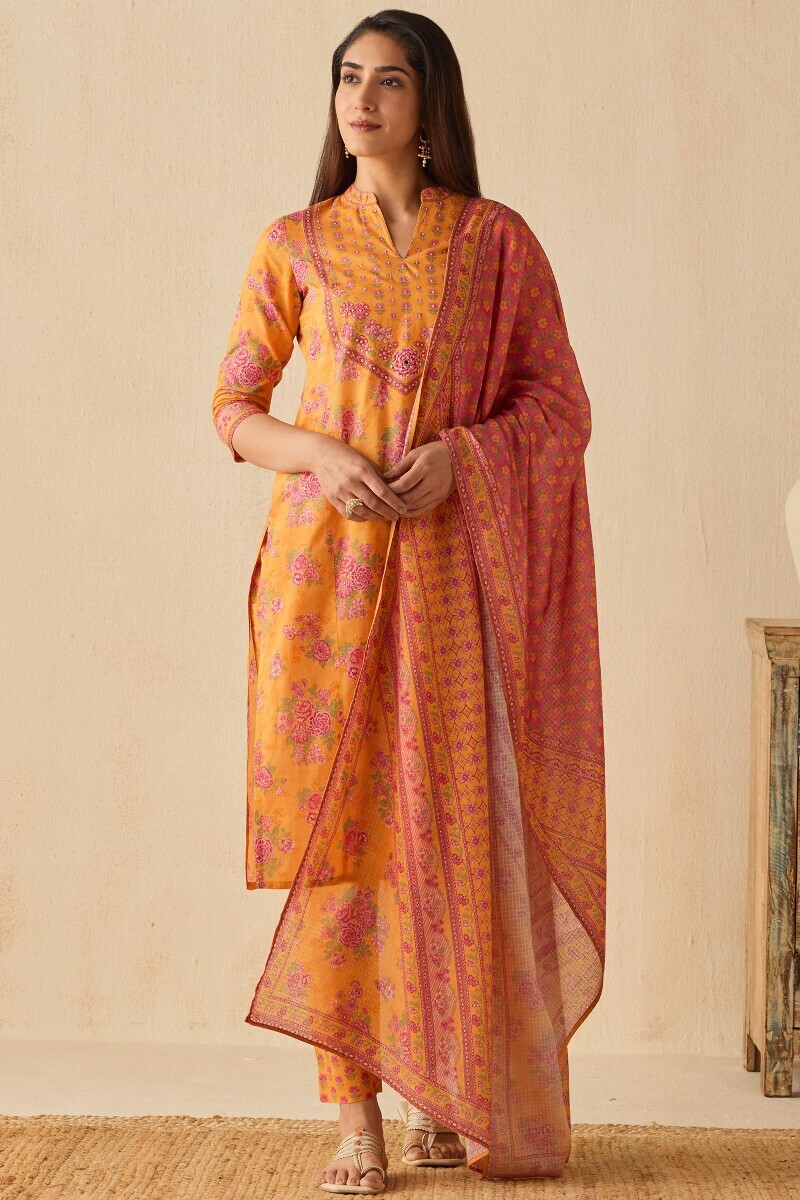 Mustard Printed Straight Cotton Kurta
