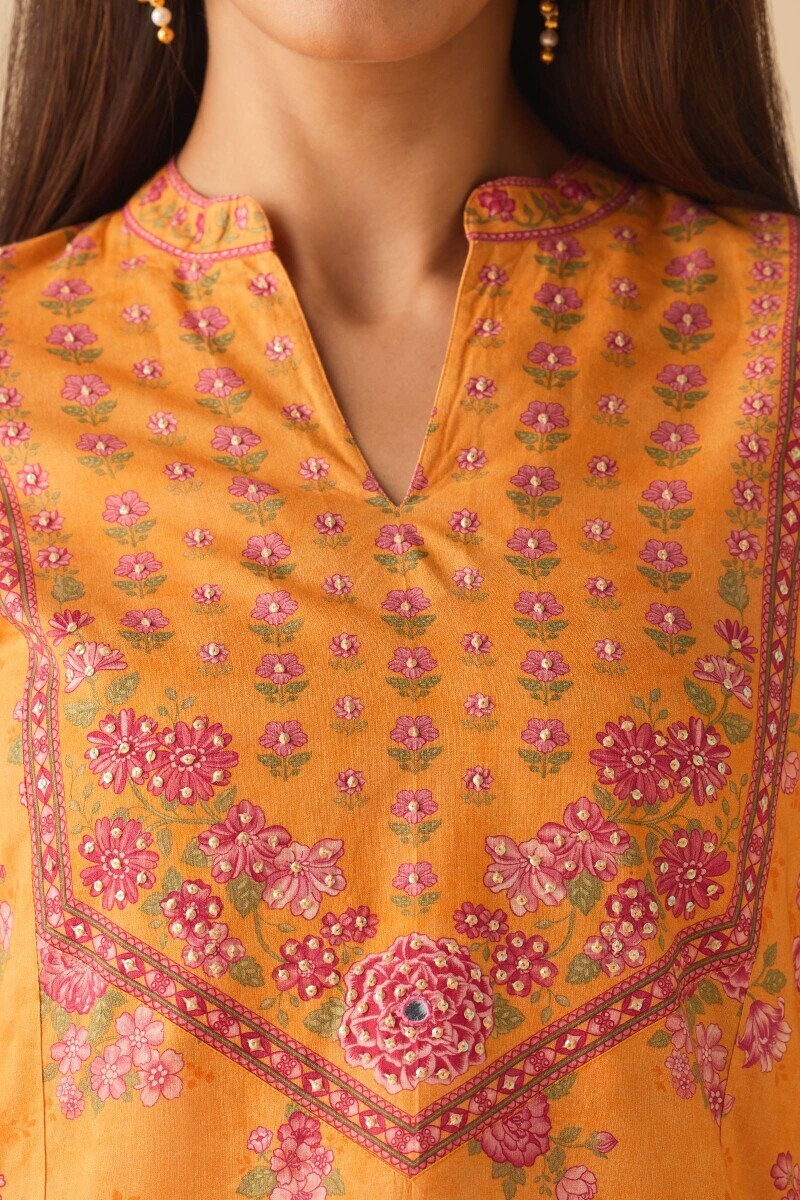 Mustard Printed Straight Cotton Kurta