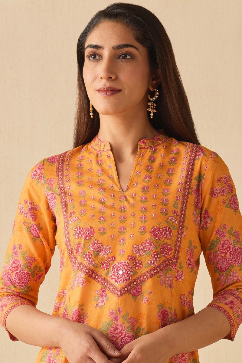 Mustard Printed Straight Cotton Kurta