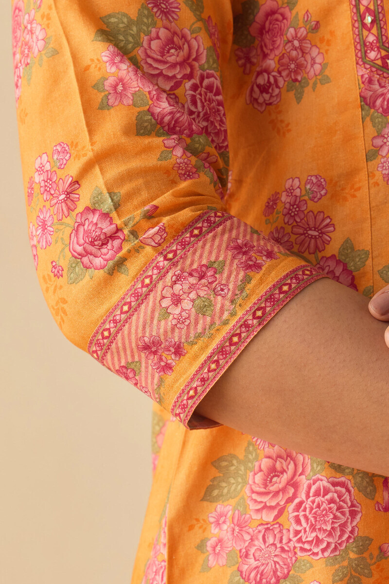 Mustard Printed Straight Cotton Kurta