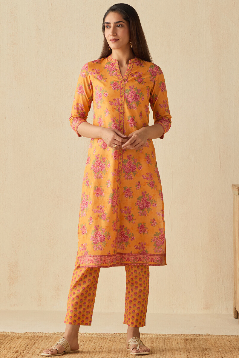 Mustard Printed Straight Cotton Kurta