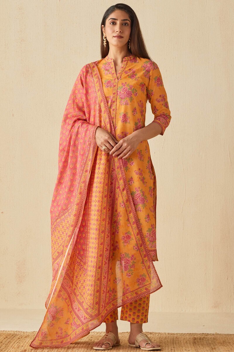 Mustard Printed Straight Cotton Kurta