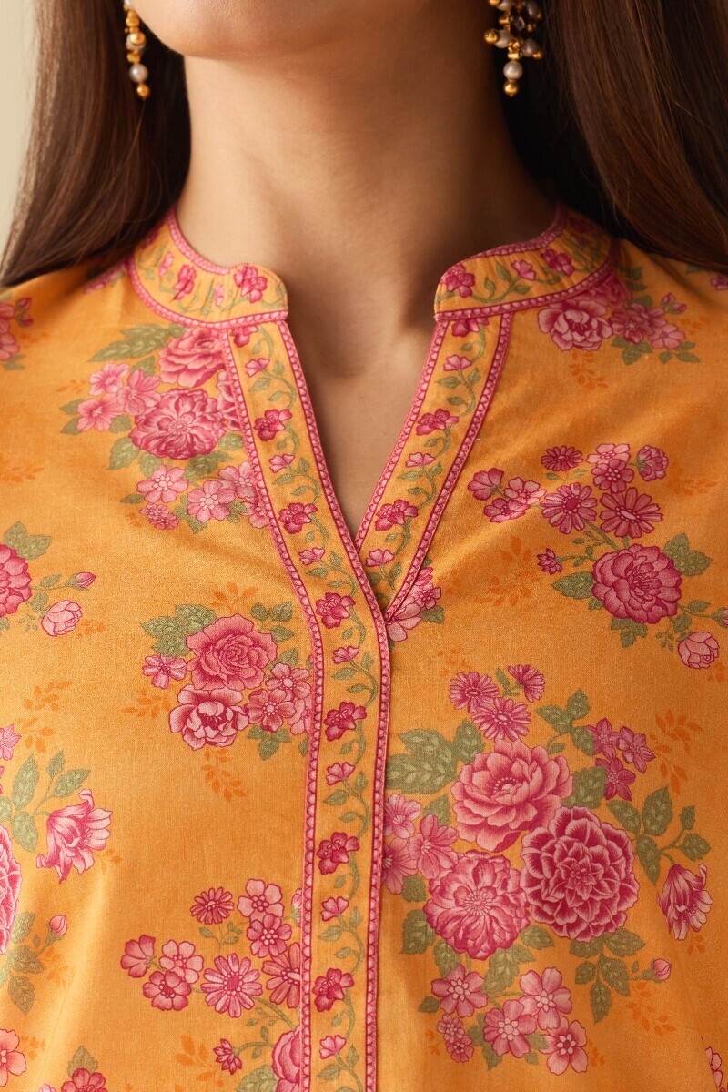 Mustard Printed Straight Cotton Kurta
