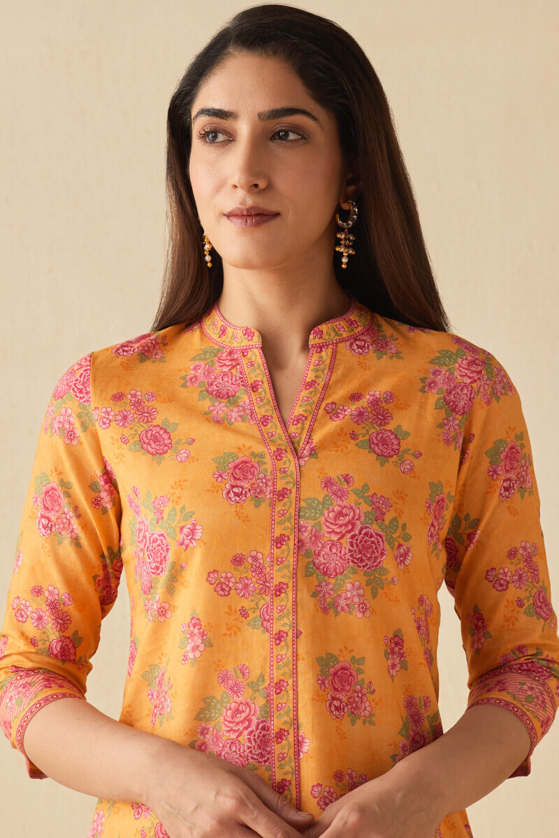 Mustard Printed Straight Cotton Kurta