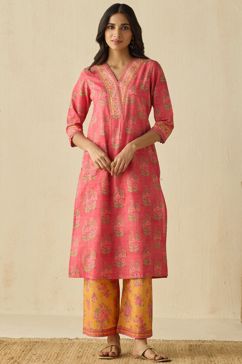 Pink Printed A-Line Cotton Kurta