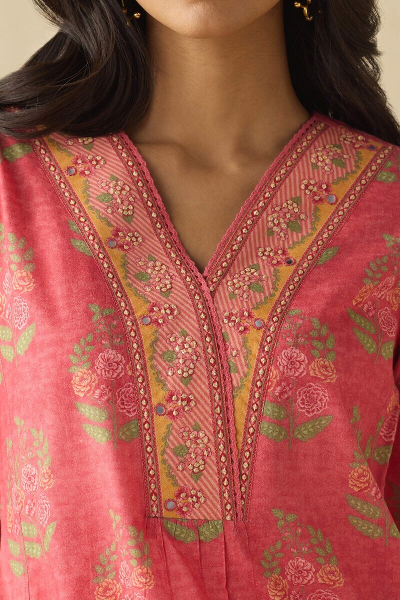 Pink Printed A-Line Cotton Kurta