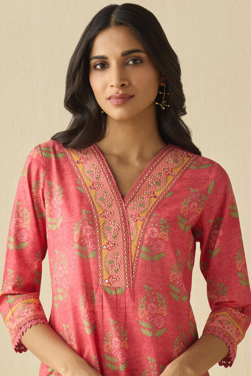 Pink Printed A-Line Cotton Kurta