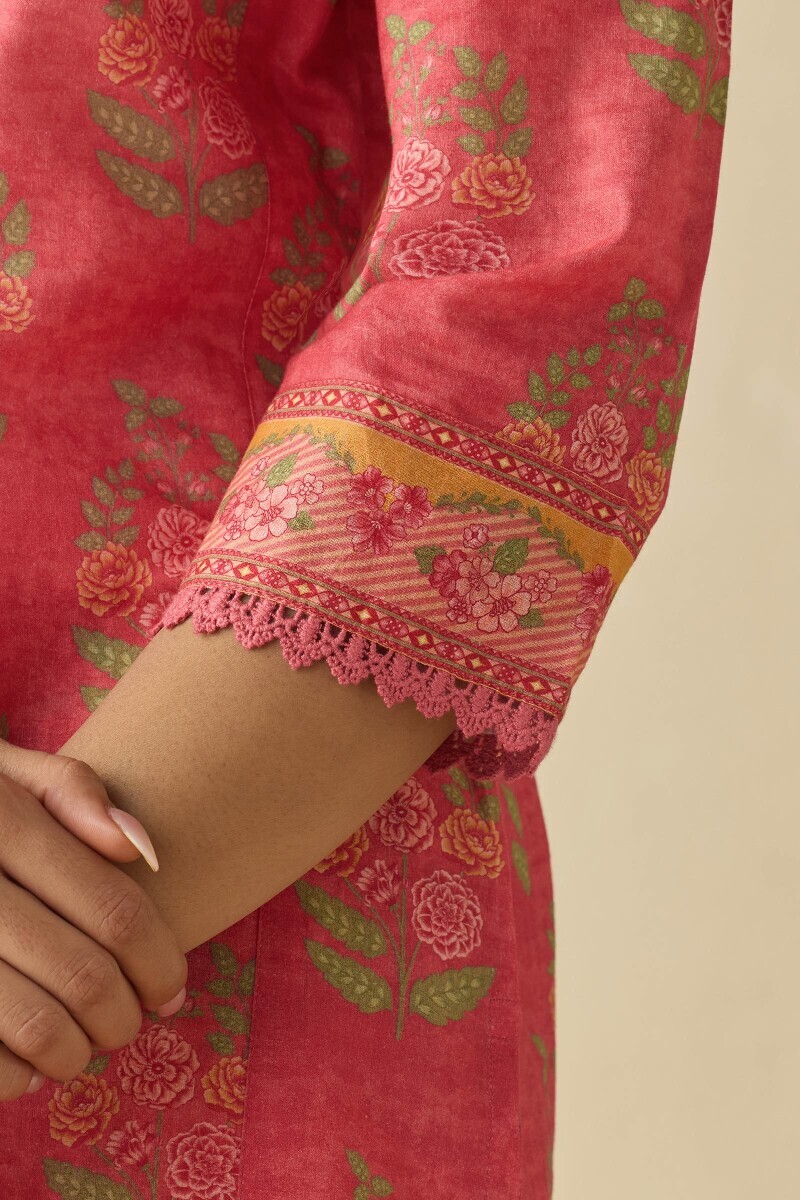 Pink Printed A-Line Cotton Kurta