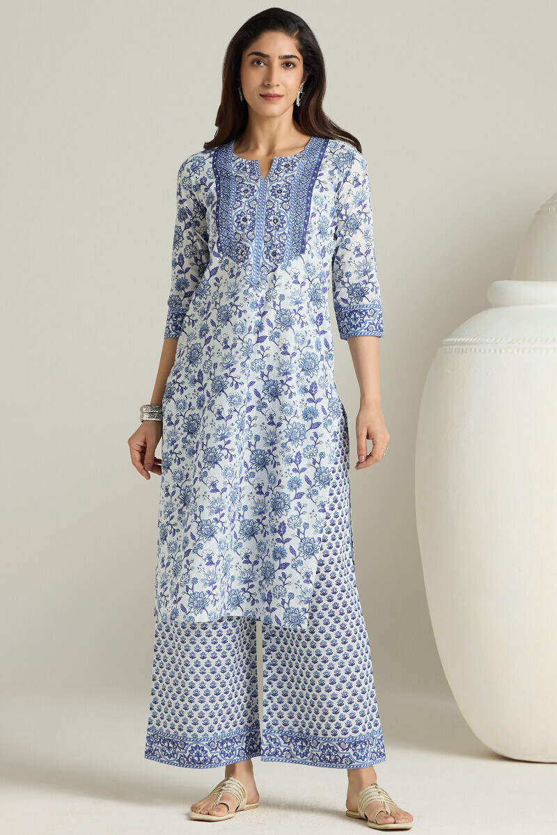 White Hand Printed Straight Cotton Dobby Kurta