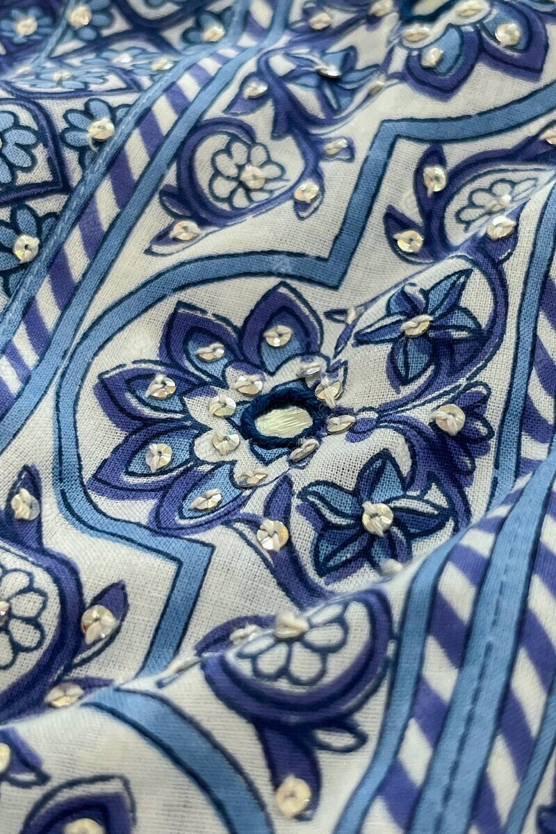 White Hand Printed Straight Cotton Dobby Kurta