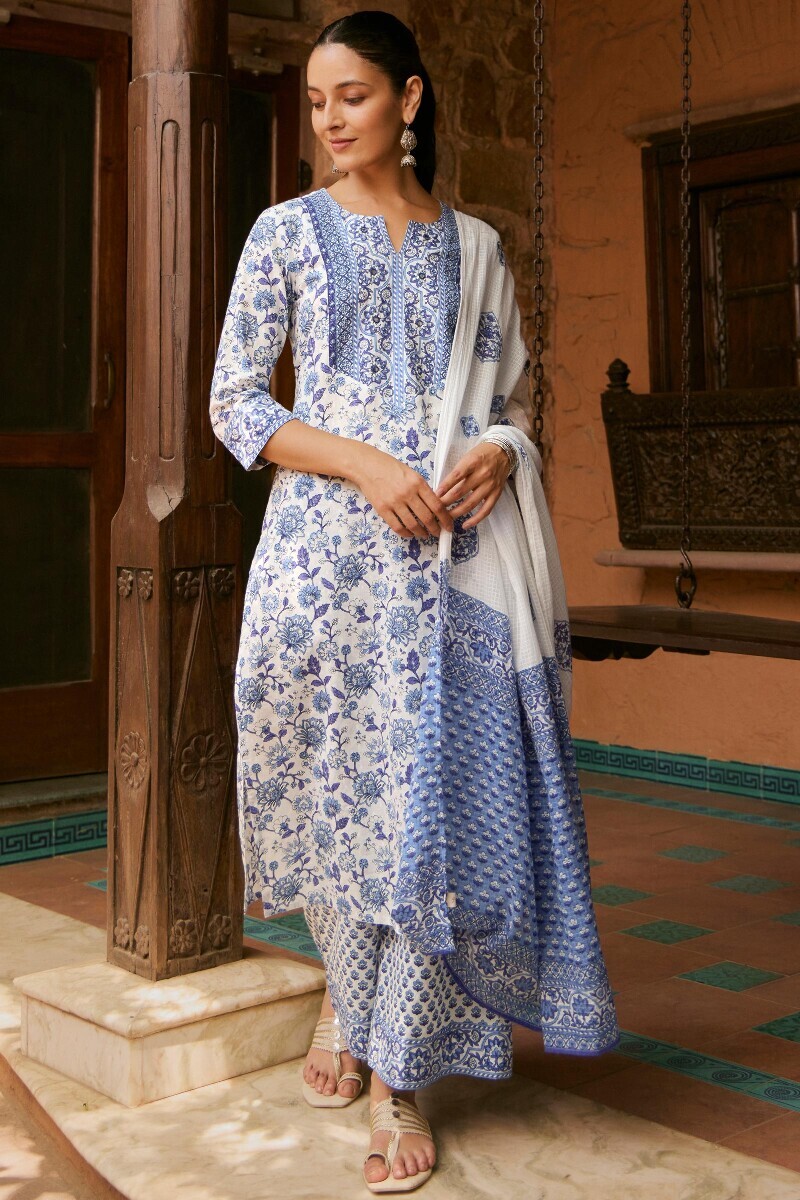 White Hand Printed Straight Cotton Dobby Kurta