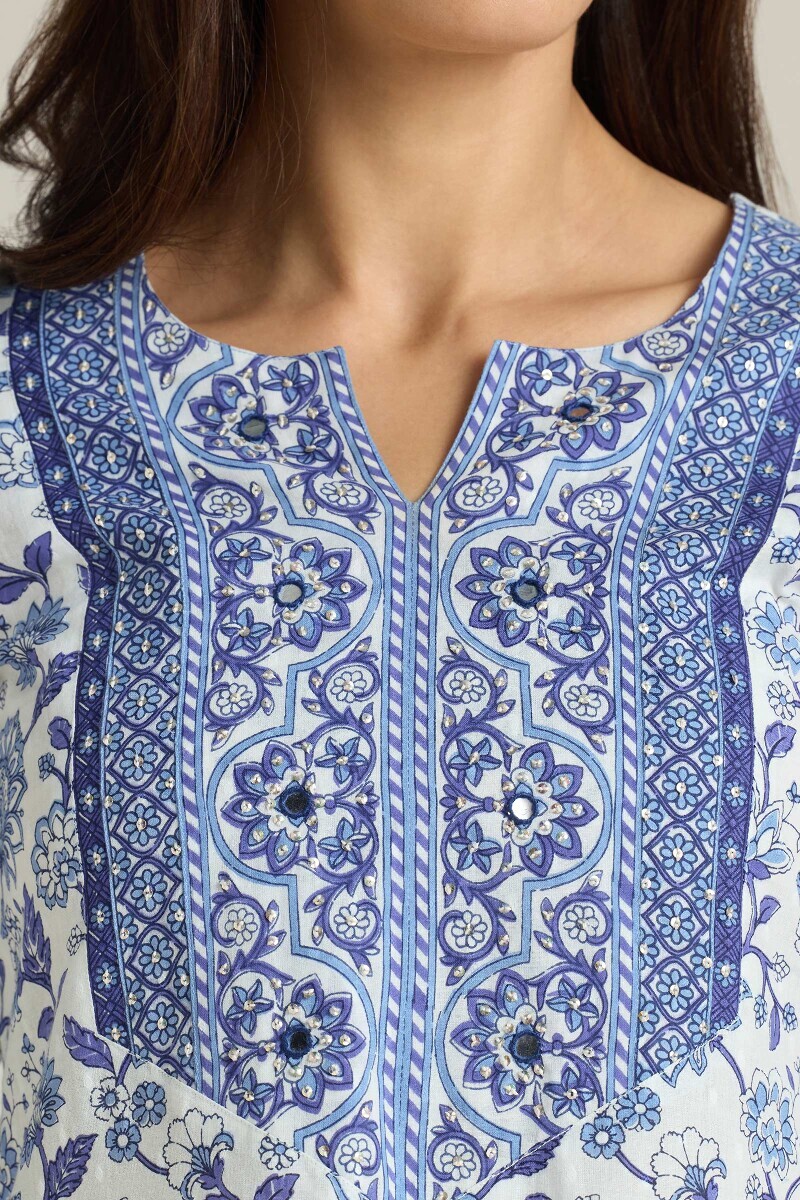 White Hand Printed Straight Cotton Dobby Kurta
